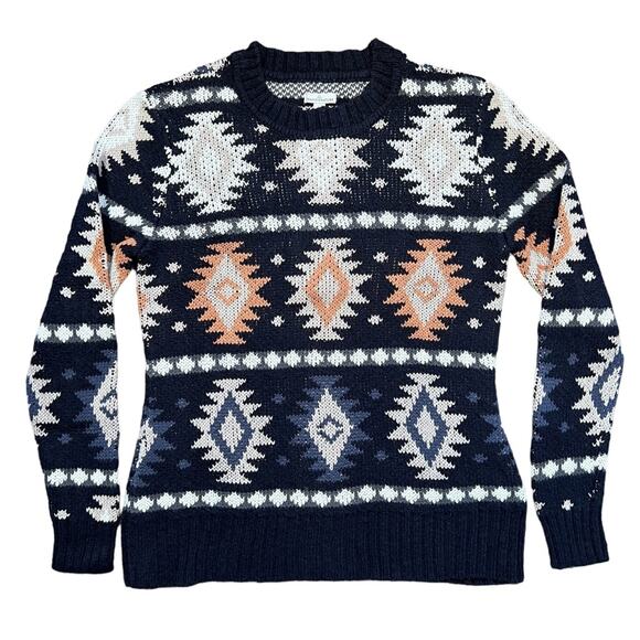 L.L. Bean Signature Navy Orange White Knit Southwestern Sweater Womens Large - Picture 1 of 12